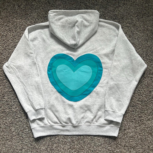 Love Island Heart Appliqué Hoodie: Blue Patchwork, Handmade