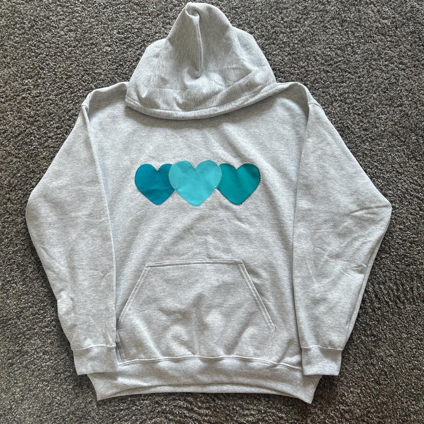 Love Island Heart Appliqué Hoodie: Blue Patchwork, Handmade