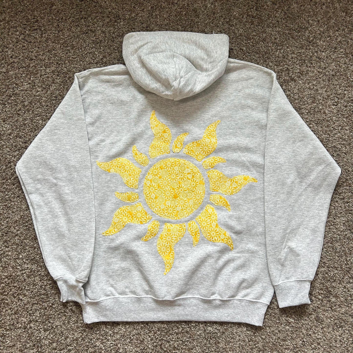 Tangled Sun Fabric-Sewn Hoodie: Yellow Flower Appliqué