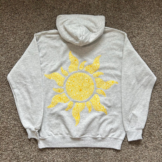 Tangled Sun Fabric-Sewn Hoodie: Yellow Flower Appliqué