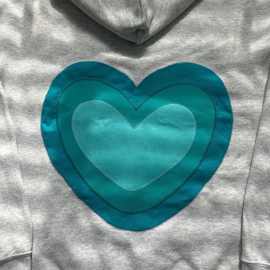 Love Island Heart Appliqué Hoodie: Blue Patchwork, Handmade