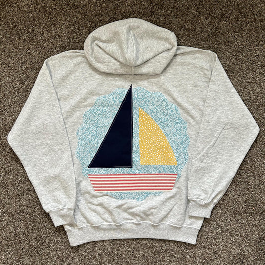 Sailboat Patchwork Hoodie: Sewn Fabric, Beachy Coastal Style