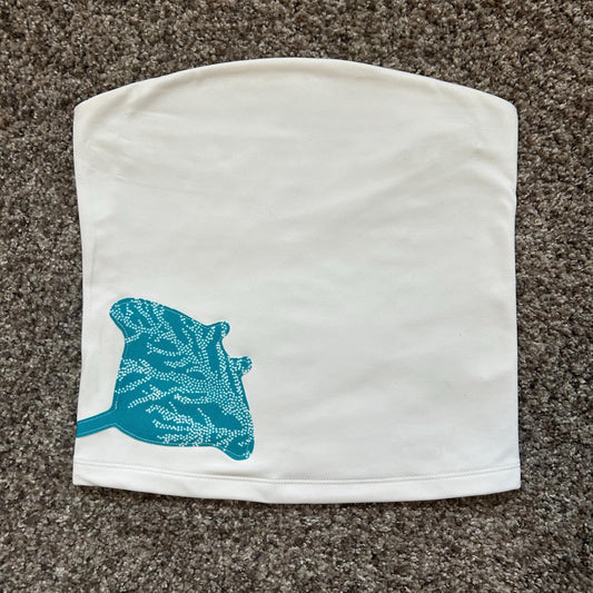White Tube Top with Blue Stingray | Ocean Graphic Bandeau | Summer Beach Top | Handmade Patchwork