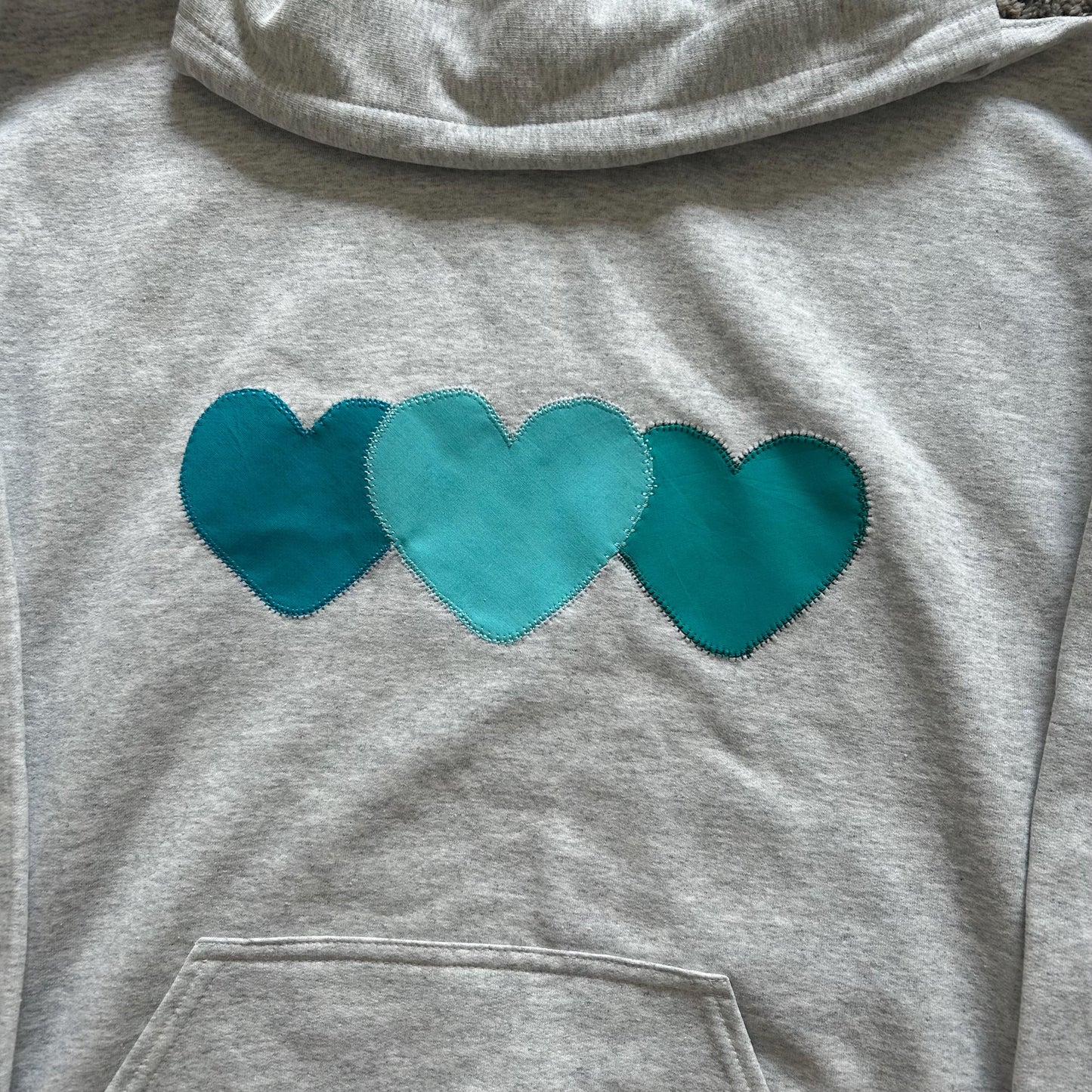 Love Island Heart Appliqué Hoodie: Blue Patchwork, Handmade